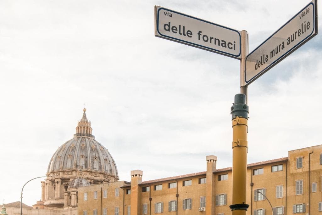 Street sign at Via delle Fornaci and Viale delle Mura Aurelie, with the dome of St Peter’s behind